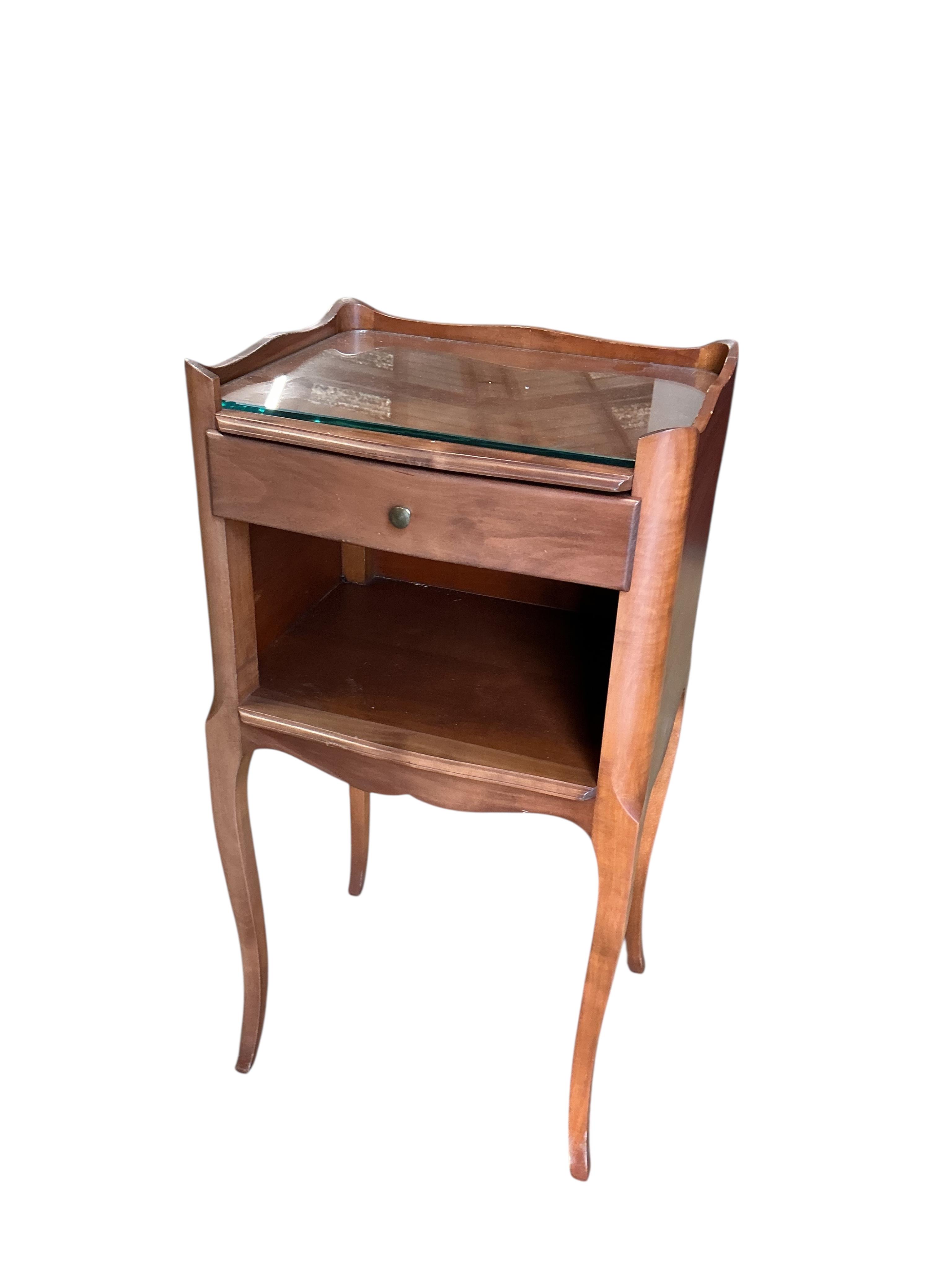 Two French cherry bedside cabinets, width 38cm, depth 29cm, height 73cm